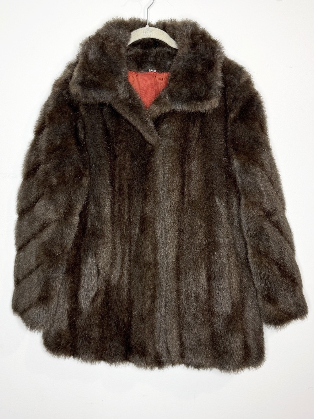 Vintage Brown Faux Fur Coat 60s 70s Rust Satin Lining Made USA M/L